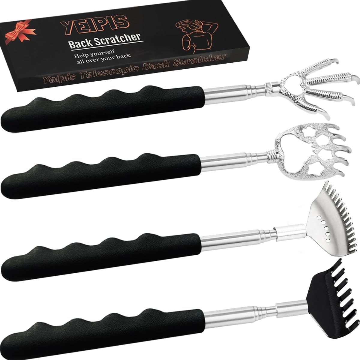 4pcs Extendable Back Scratcher & Massager Tool with Telescoping Metal shaft - Heavy-Duty Back Scratcher with Non-Slip Grip, Portable Back Massager for Adults, s, Men, Women - Ideal Stocking Stuffers, Birthday, Christmas Gifts (Black) - Space-Saving Design