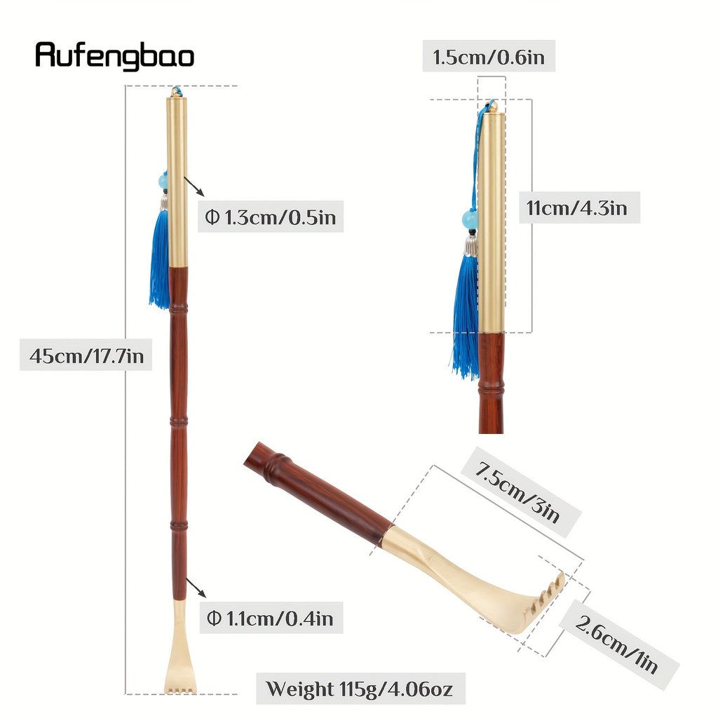 Rufengbao Wooden Itch Scratcher & Back Massager - Ergonomic Handle with Blue Ribbon, Smooth Curved Design for Hard-to-Reach Areas, Durable Red & Golden Finish for Personal Use Anywhere, Anytime, Itch Tool, Selfmassage Aid, Elegant Personal Care, Polished