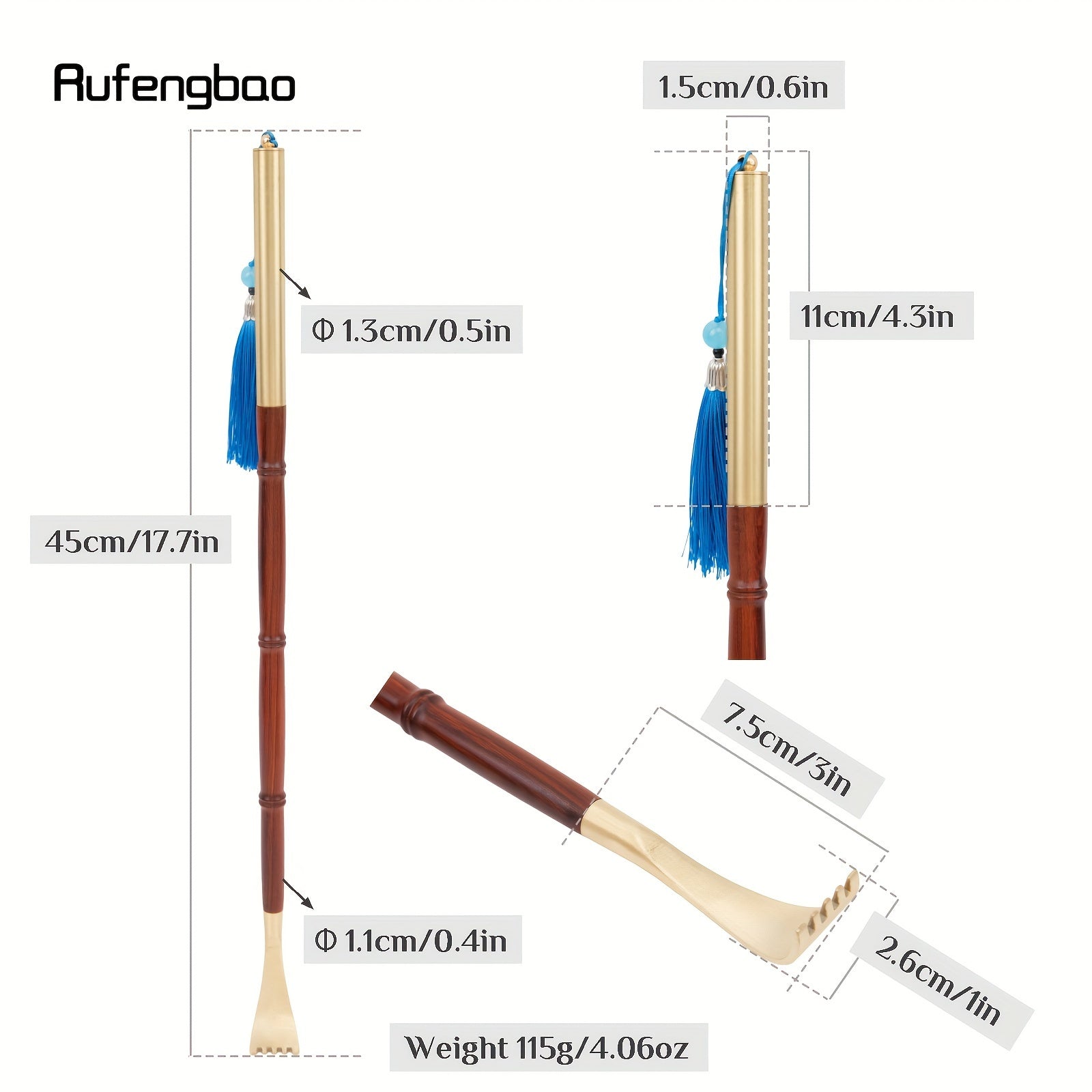 Rufengbao Wooden Itch Scratcher & Back Massager - Ergonomic Handle with Blue Ribbon, Smooth Curved Design for Hard-to-Reach Areas, Durable Red & Golden Finish for Personal Use Anywhere, Anytime, Itch Tool, Selfmassage Aid, Elegant Personal Care, Polished