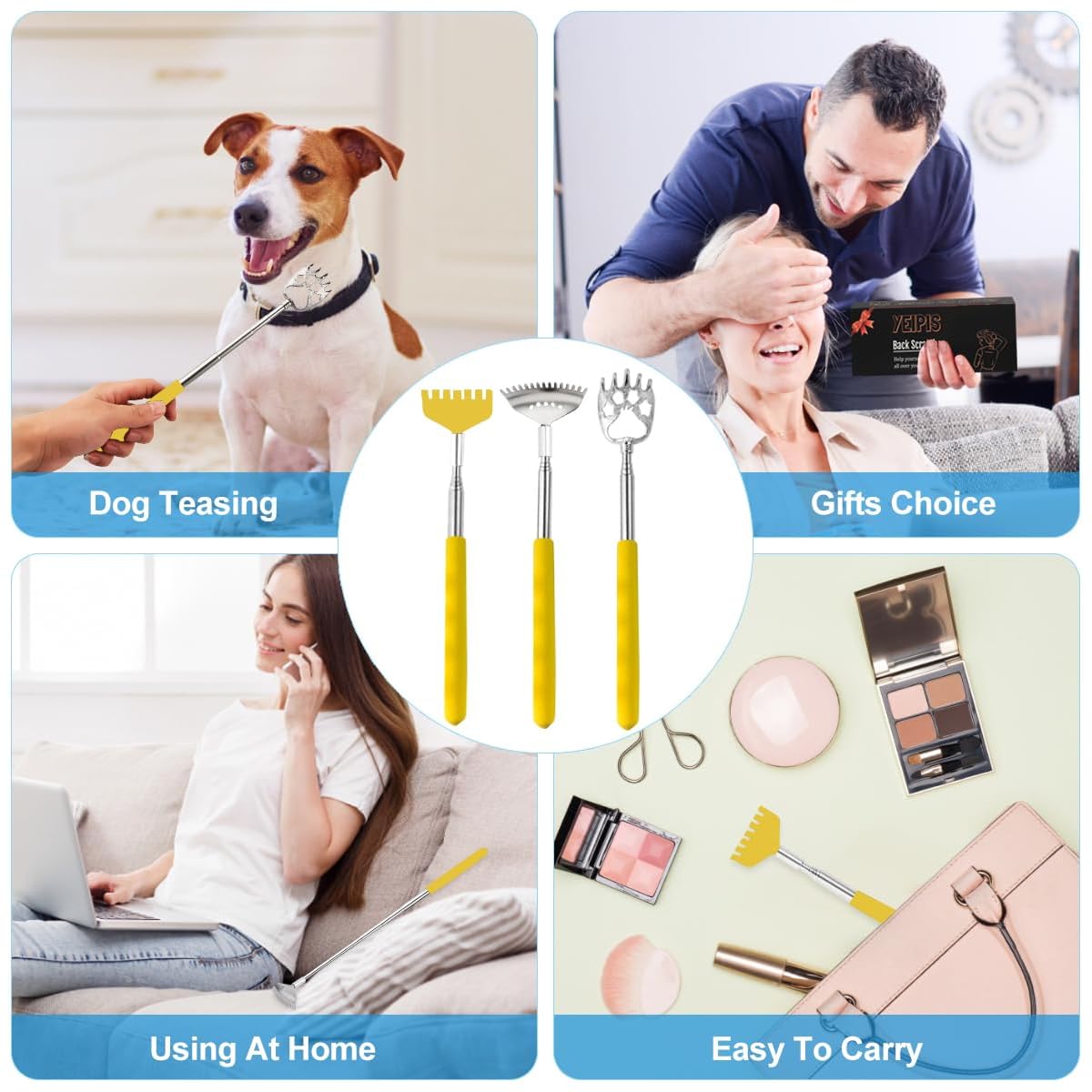 3 Pack Different Back Scratcher, Extendable Manual Back Massager Tool Metal Portable Telescoping Back scratchers with Beautiful Box Gifts for Men Women Kids Adults( Yellow), Back Scratching Tool, Unbreakable Back Scratcher, Comb for Back Scratching, Silly