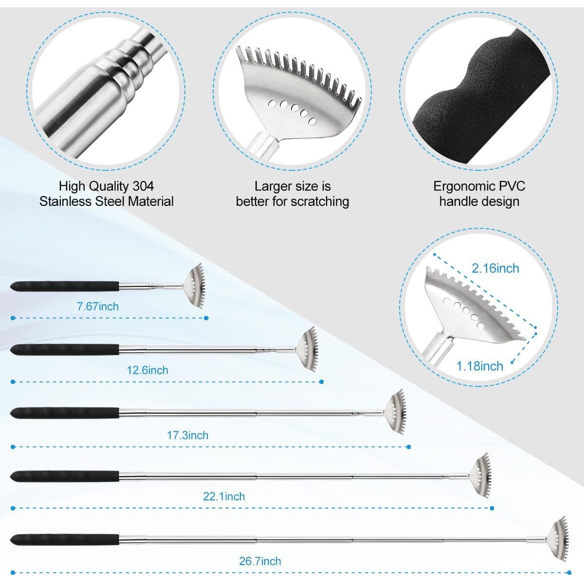 4pcs Extendable Back Scratcher & Massager Tool with Telescoping Metal shaft - Heavy-Duty Back Scratcher with Non-Slip Grip, Portable Back Massager for Adults, s, Men, Women - Ideal Stocking Stuffers, Birthday, Christmas Gifts (Black) - Space-Saving Design