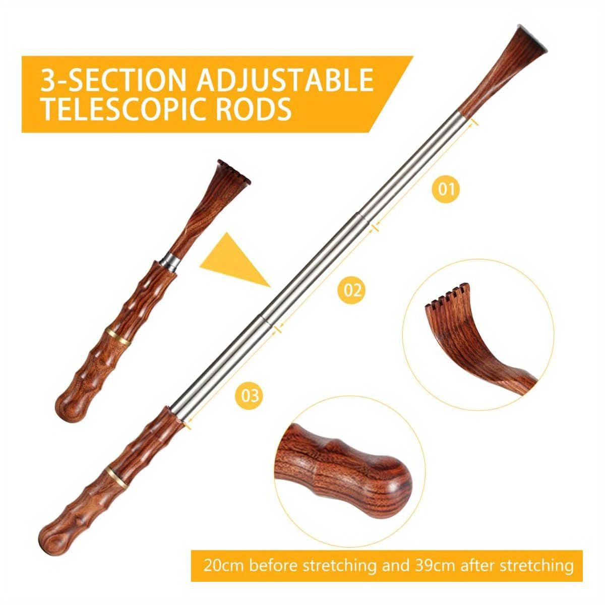 Portable Extendable Back Scratcher - Telescoping Bamboo & Wooden Handle, Stainless Steel Back Massager Tool for Men & Women, Ergonomic Design for Elderly, Pregnant Women, Fitness Enthusiasts, Back Massager for Back, Pregnancy, Natural Wood Finish, Durable
