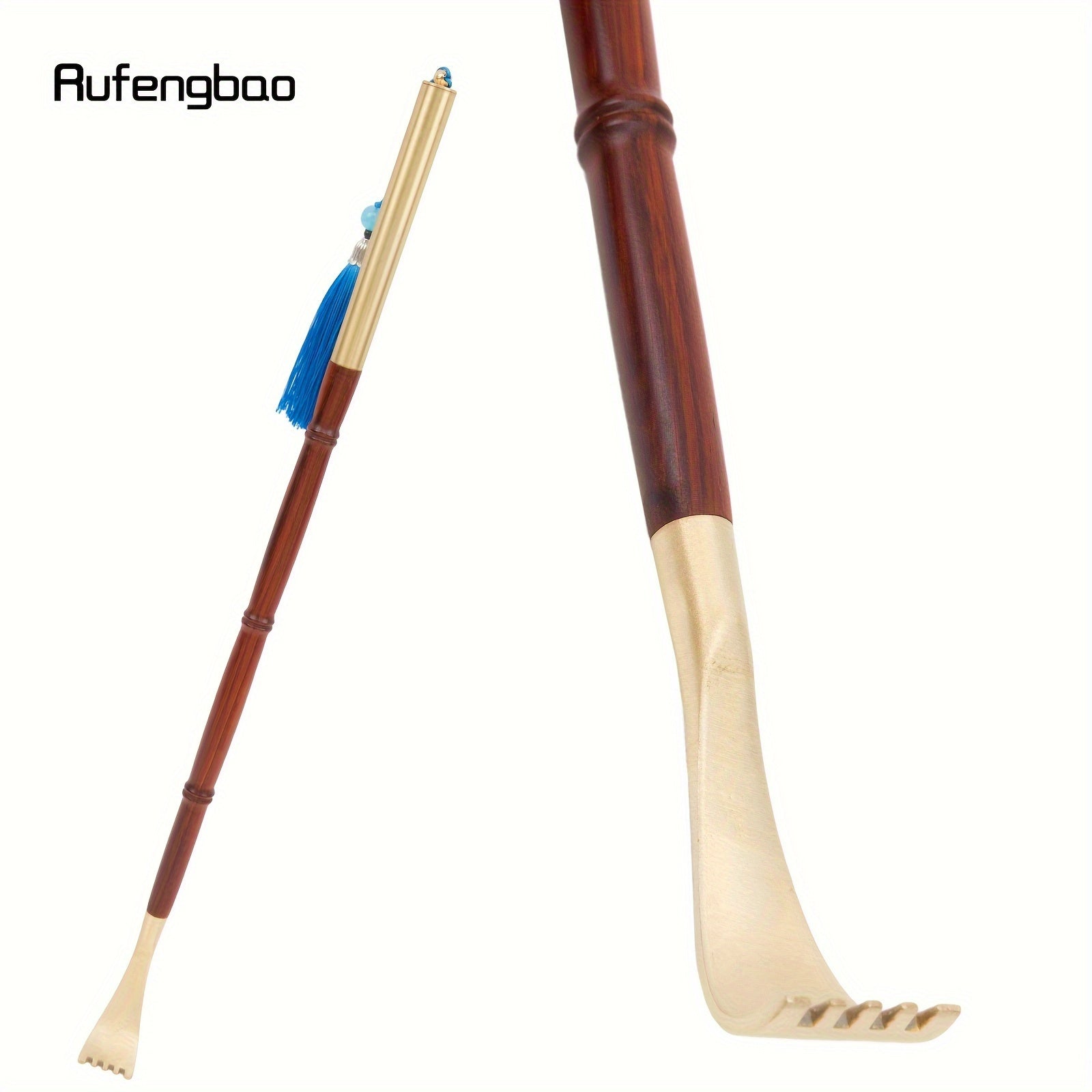 Rufengbao Wooden Itch Scratcher & Back Massager - Ergonomic Handle with Blue Ribbon, Smooth Curved Design for Hard-to-Reach Areas, Durable Red & Golden Finish for Personal Use Anywhere, Anytime, Itch Tool, Selfmassage Aid, Elegant Personal Care, Polished