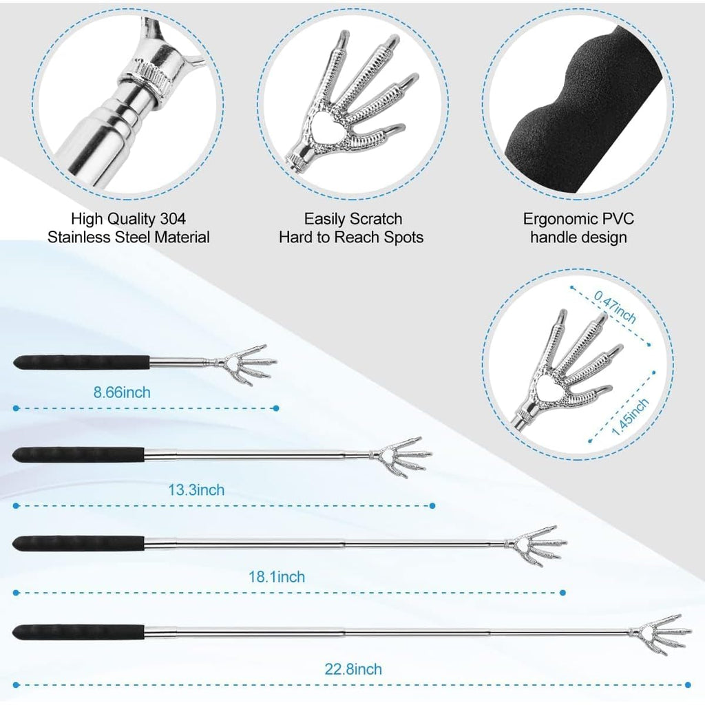 4pcs Extendable Back Scratcher & Massager Tool with Telescoping Metal shaft - Heavy-Duty Back Scratcher with Non-Slip Grip, Portable Back Massager for Adults, s, Men, Women - Ideal Stocking Stuffers, Birthday, Christmas Gifts (Black) - Space-Saving Design