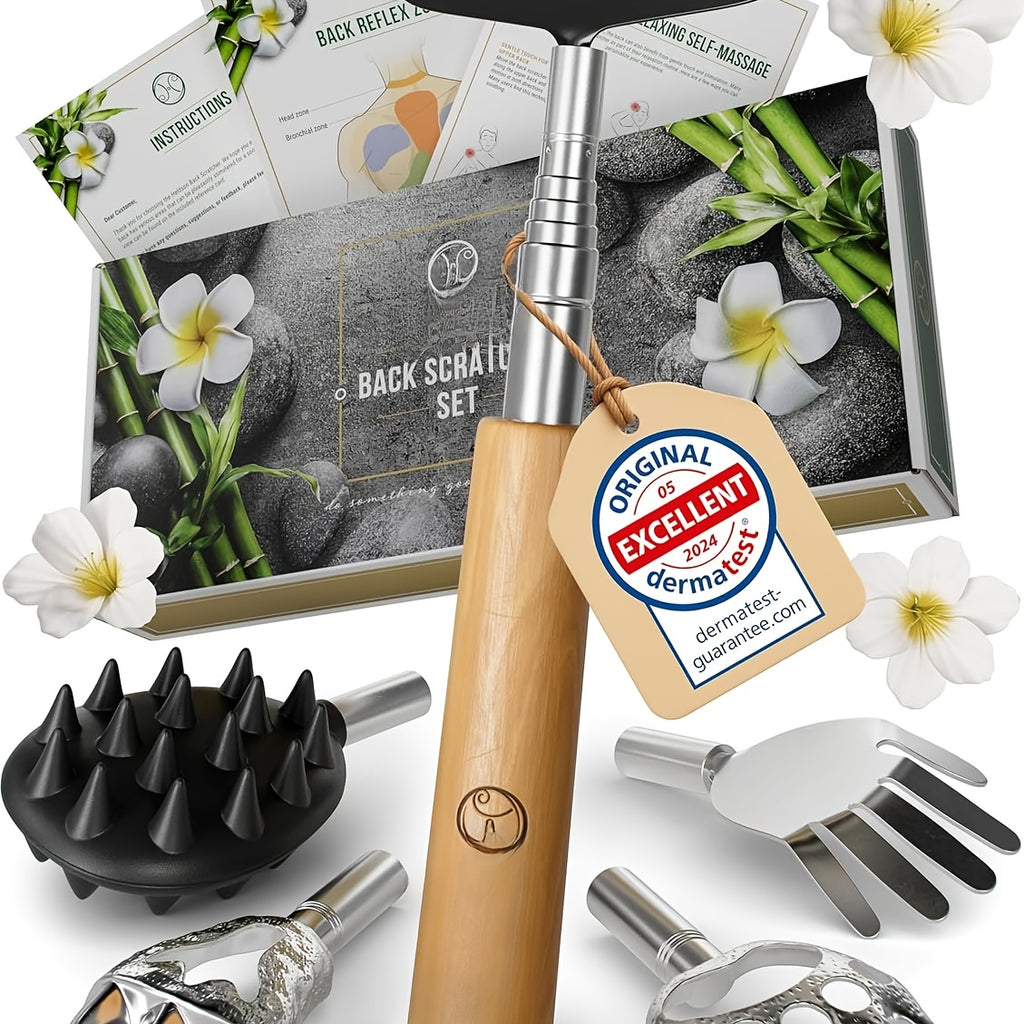 Extendable Back Scratcher with 5 Interchangeable Heads - Retractable Stainless Steel Telescopic Design, Ergonomic Handle & Bear Claw Grip - Portable Back Massager for Adults, Men & Women - Ideal Gift for Home, Office, Travel, Back Scratcher for Back, Home