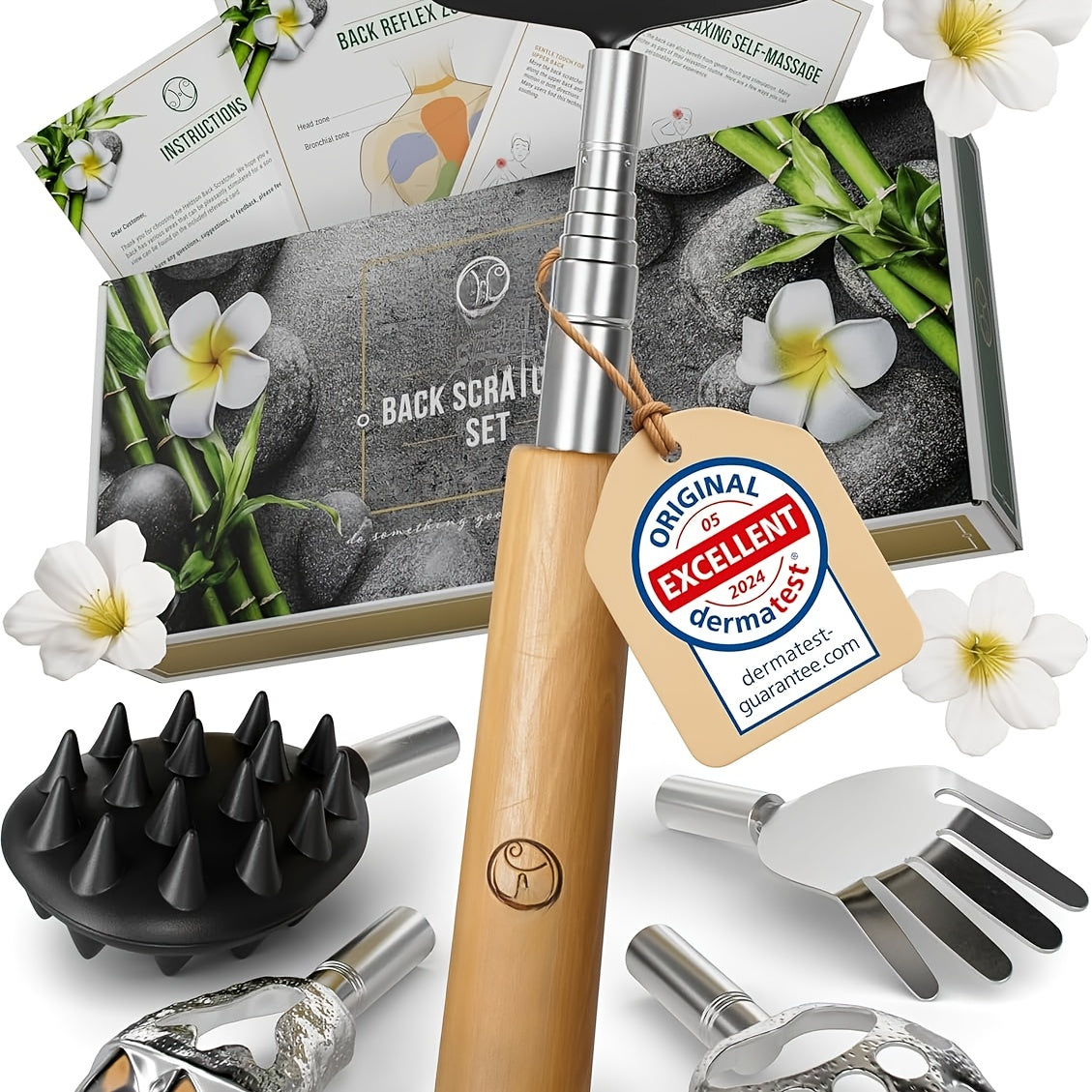 Extendable Back Scratcher with 5 Interchangeable Heads - Retractable Stainless Steel Telescopic Design, Ergonomic Handle & Bear Claw Grip - Portable Back Massager for Adults, Men & Women - Ideal Gift for Home, Office, Travel, Back Scratcher for Back, Home