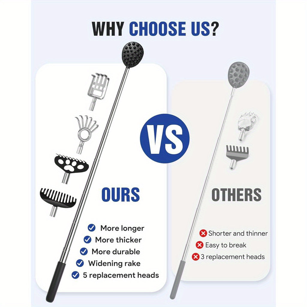 5pcs Telescoping Back Scratcher with Detachable Heads - Extendable Back Massager Tool for Deep-Seated Itches, 1/2" & 1/4" Spikes, Ergonomic Design for Gentle, Ideal her'S Day Gift for Dad, Husband, Men, Back Scratcher for Back, Comfortable Grip Handle,