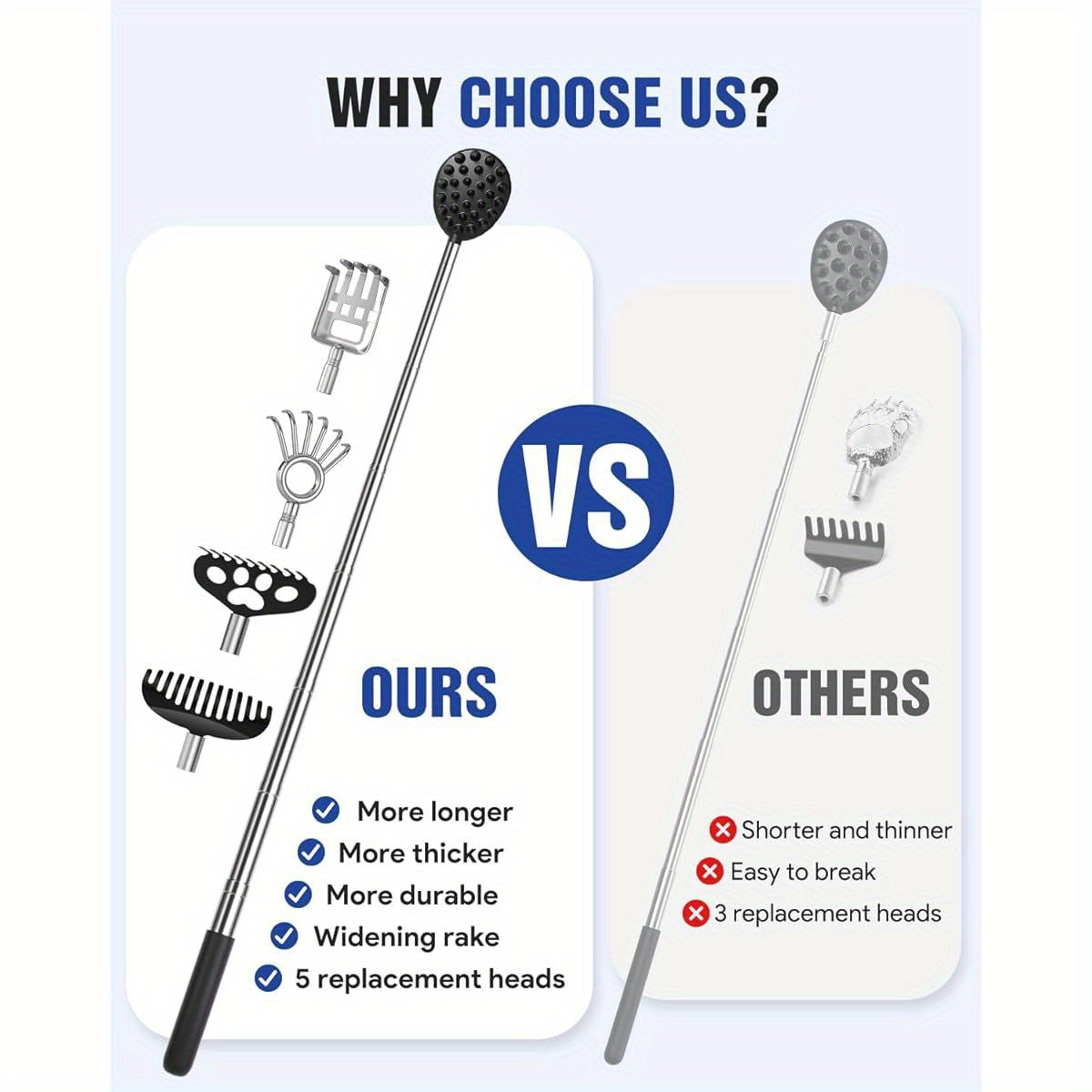 5pcs Telescoping Back Scratcher with Detachable Heads - Extendable Back Massager Tool for Deep-Seated Itches, 1/2" & 1/4" Spikes, Ergonomic Design for Gentle, Ideal her'S Day Gift for Dad, Husband, Men, Back Scratcher for Back, Comfortable Grip Handle,