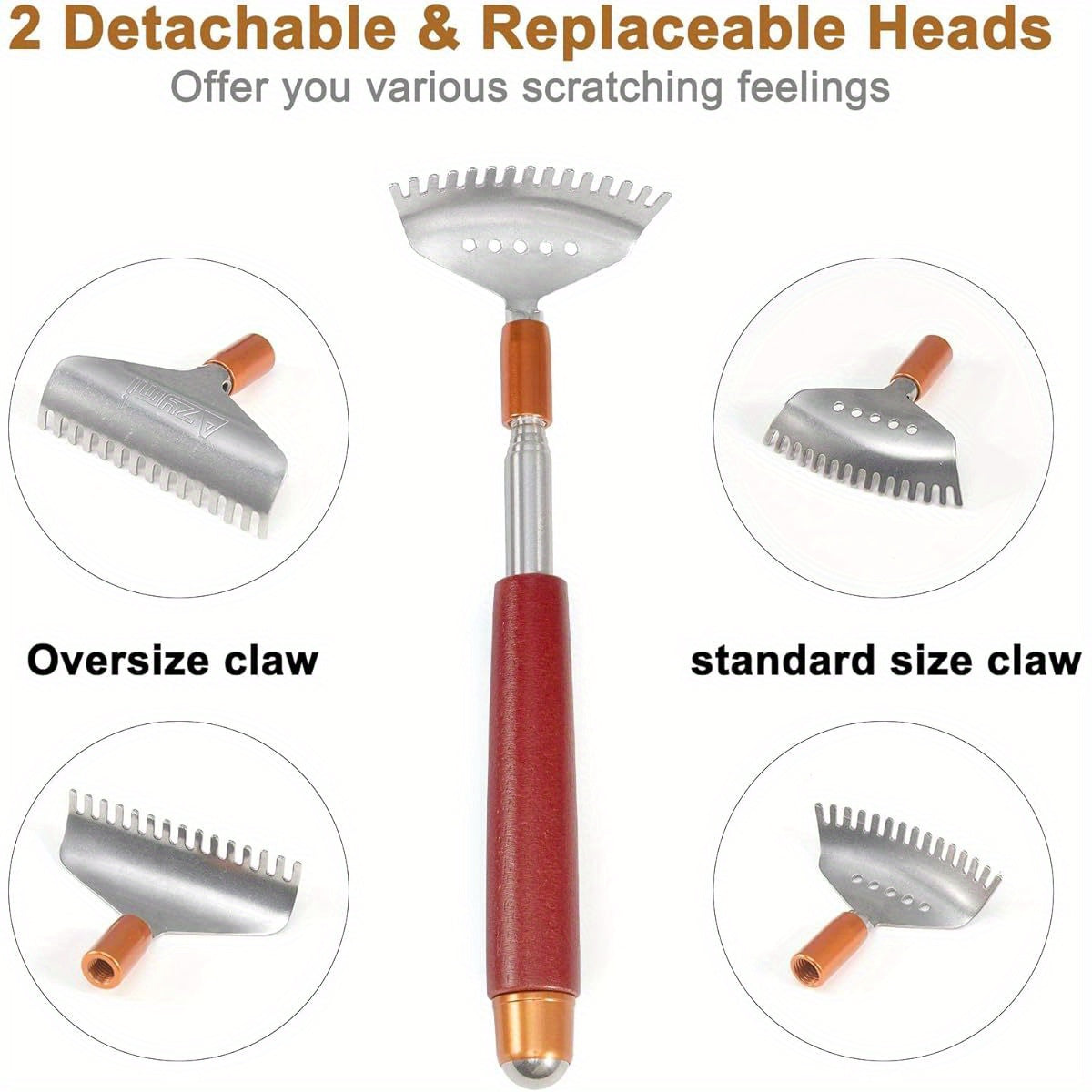 Back Scratcher with 2pcs Detachable Heads, Back Scratcher for Women Men Extendable, Steel Wide Claws/ Roller Ball/ Wooden Handle, Heavy Duty Body Scratcher Massager