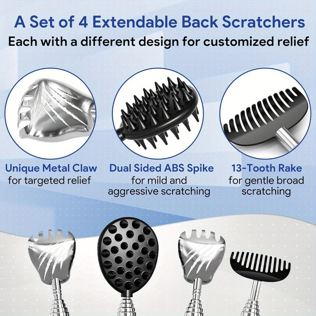 4-Pack Back Scratcher with Telescoping Handle & Interchangeable Heads - Ergonomic Massager Tool for Back, Neck, Shoulders - Portable design with Non-Slip Grip - Ideal Father's Day Gifts for Dad, Husband, Men - Perfect for Home, Office, Travel - Great for