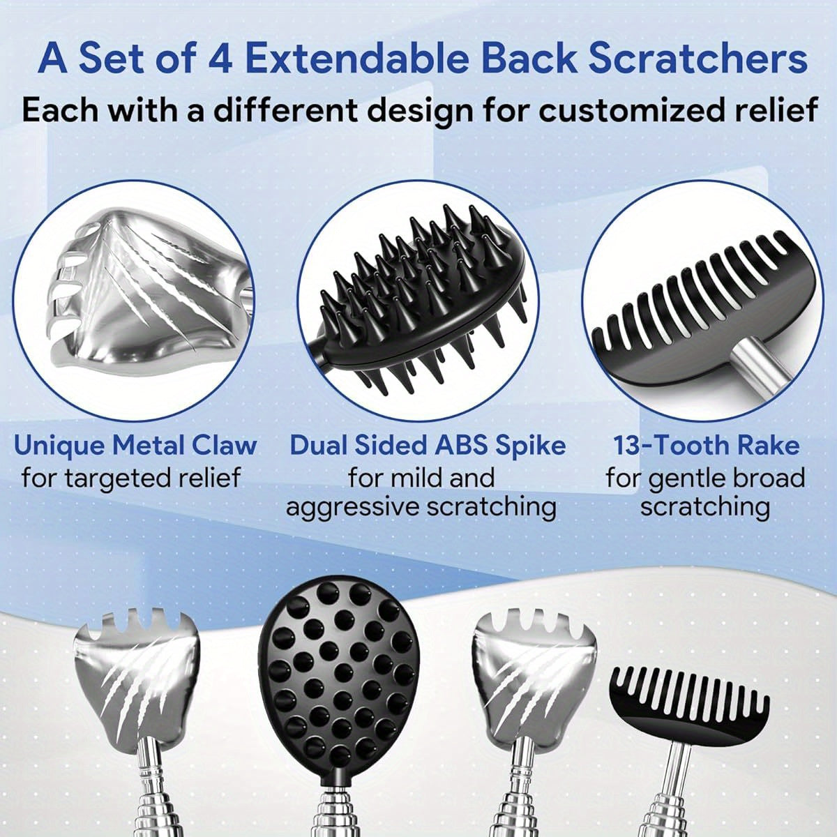 4-Pack Back Scratcher with Telescoping Handle & Interchangeable Heads - Ergonomic Massager Tool for Back, Neck, Shoulders - Portable design with Non-Slip Grip - Ideal Father's Day Gifts for Dad, Husband, Men - Perfect for Home, Office, Travel - Great for