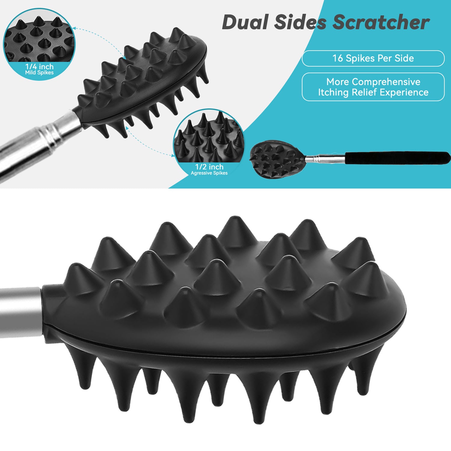 Retractable Back Scratcher with 23.6" Telescoping Handle & Dual-Sided Cactus Design - Ergonomic PVC Grip for Itch, Portable Metal Back Massager for Men & Women