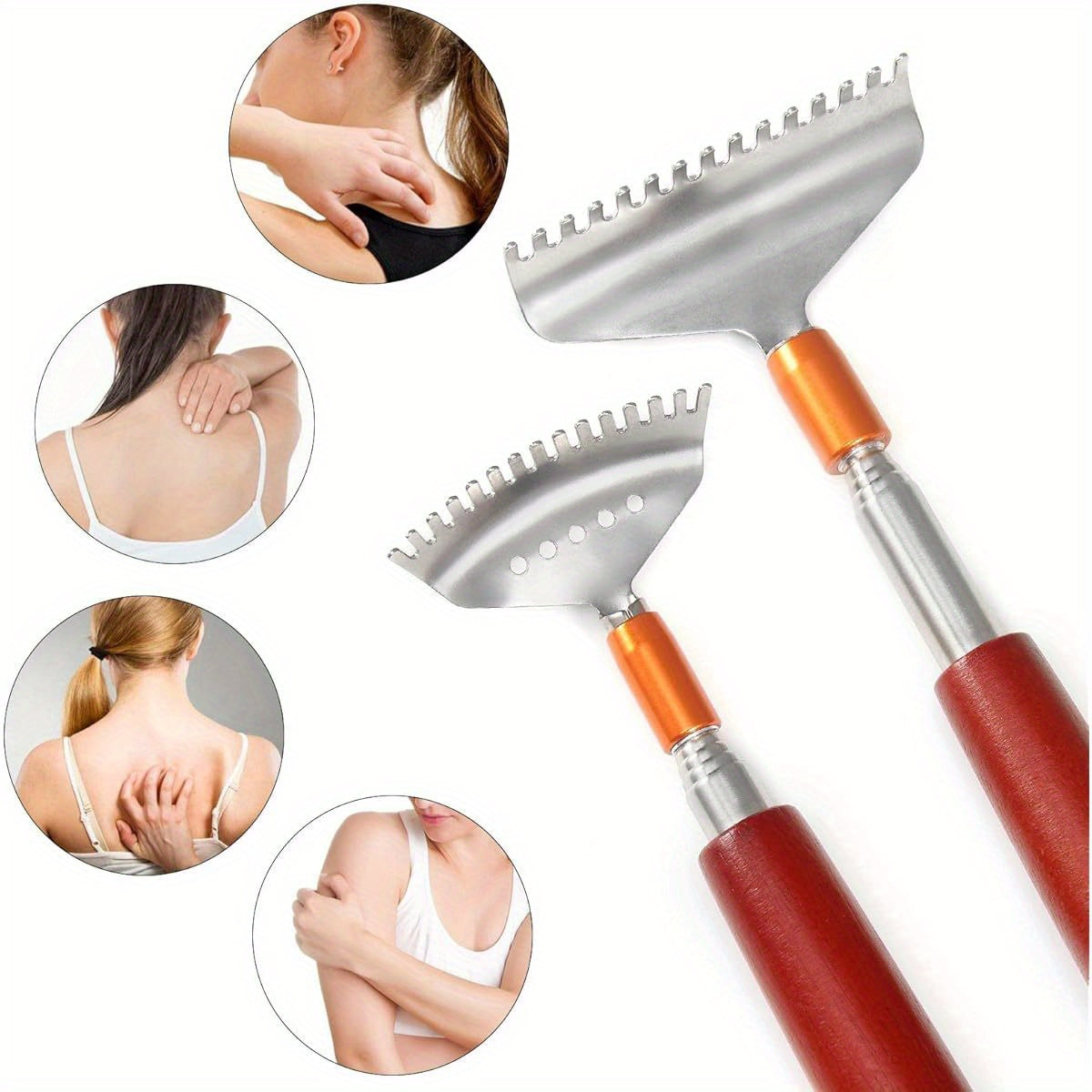Back Scratcher with 2pcs Detachable Heads, Back Scratcher for Women Men Extendable, Steel Wide Claws/ Roller Ball/ Wooden Handle, Heavy Duty Body Scratcher Massager