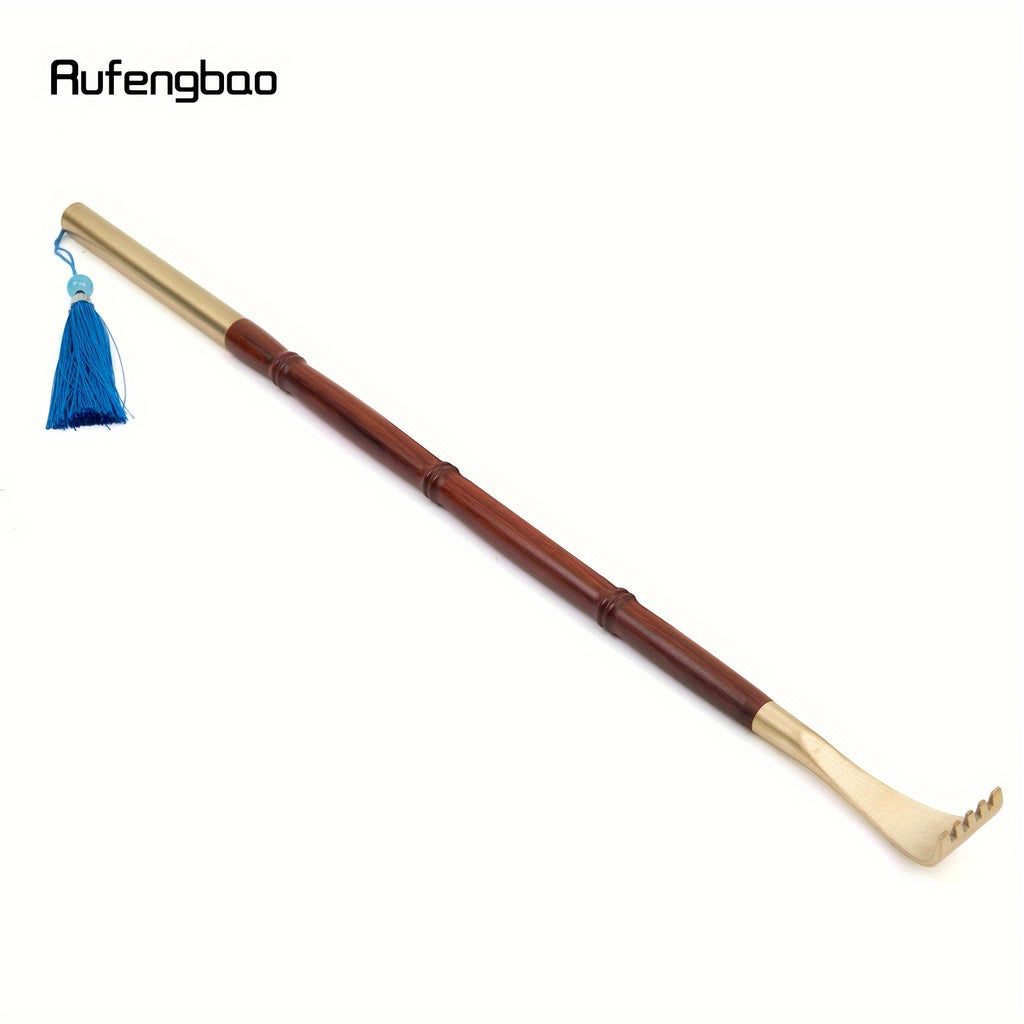 Rufengbao Wooden Itch Scratcher & Back Massager - Ergonomic Handle with Blue Ribbon, Smooth Curved Design for Hard-to-Reach Areas, Durable Red & Golden Finish for Personal Use Anywhere, Anytime, Itch Tool, Selfmassage Aid, Elegant Personal Care, Polished