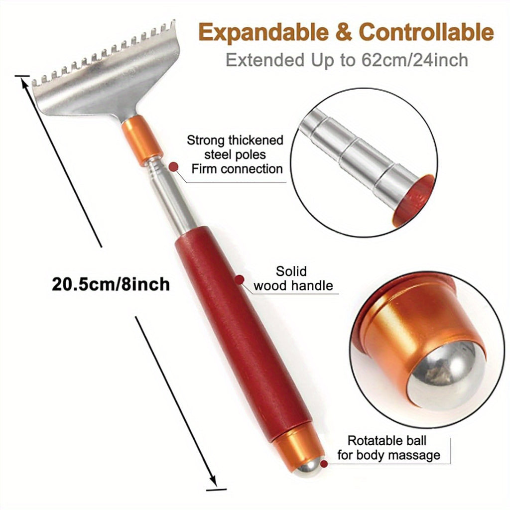 Back Scratcher with 2pcs Detachable Heads, Back Scratcher for Women Men Extendable, Steel Wide Claws/ Roller Ball/ Wooden Handle, Heavy Duty Body Scratcher Massager