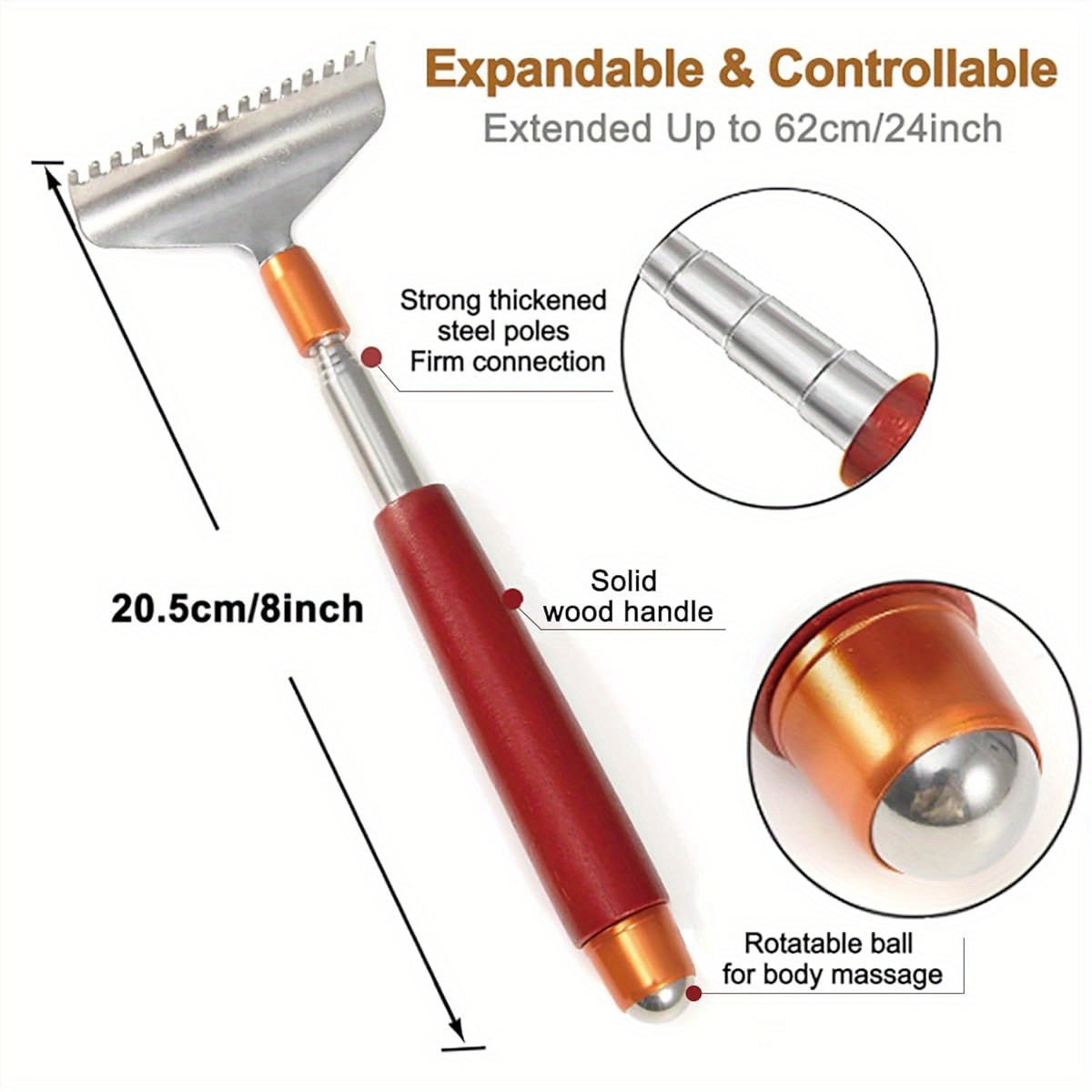 Back Scratcher with 2pcs Detachable Heads, Back Scratcher for Women Men Extendable, Steel Wide Claws/ Roller Ball/ Wooden Handle, Heavy Duty Body Scratcher Massager
