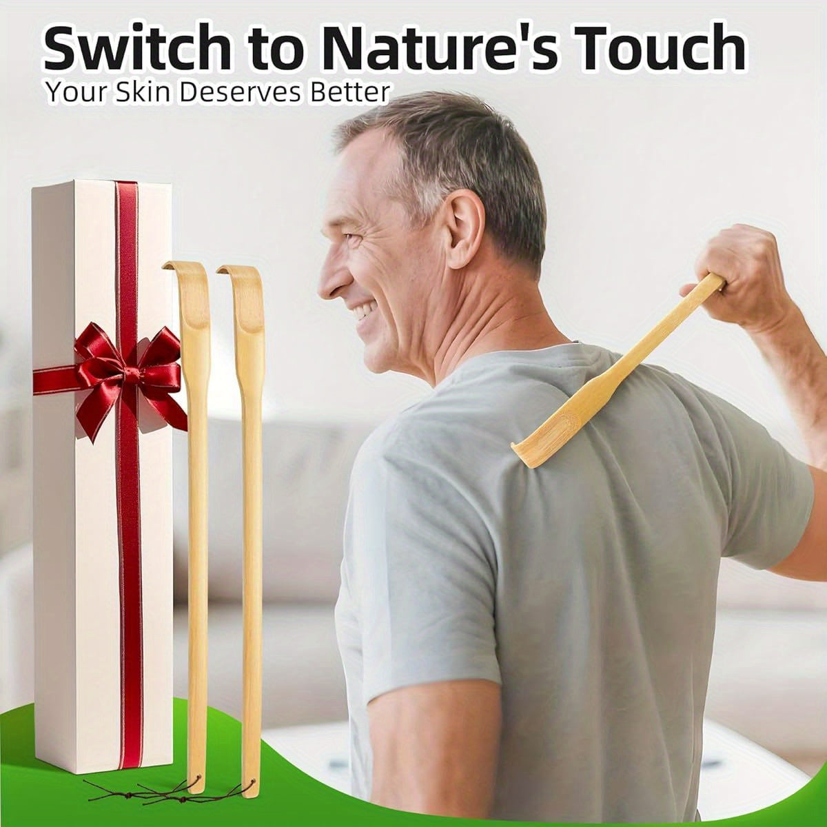 16.5 Inch Natural Bamboo & Wood Back Scratcher with Curved Ergonomic Design - Long Handle Back Scrubber for Pregnant Women, Hard-to-Reach Itch, Handmade-Like Durable Massager (Ideal Father's Day Gift, Novel Practical Present), Back Massager, Adjustable