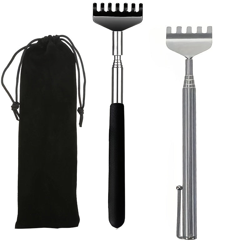 3/5pcs Set Extendable Metal Back Scratcher, Unisex Adult Telescopic Back Massager with Rubber Handle, Portable Itch Relief Tool for Travel, Work, Picnic, with Sock Liner Accessory