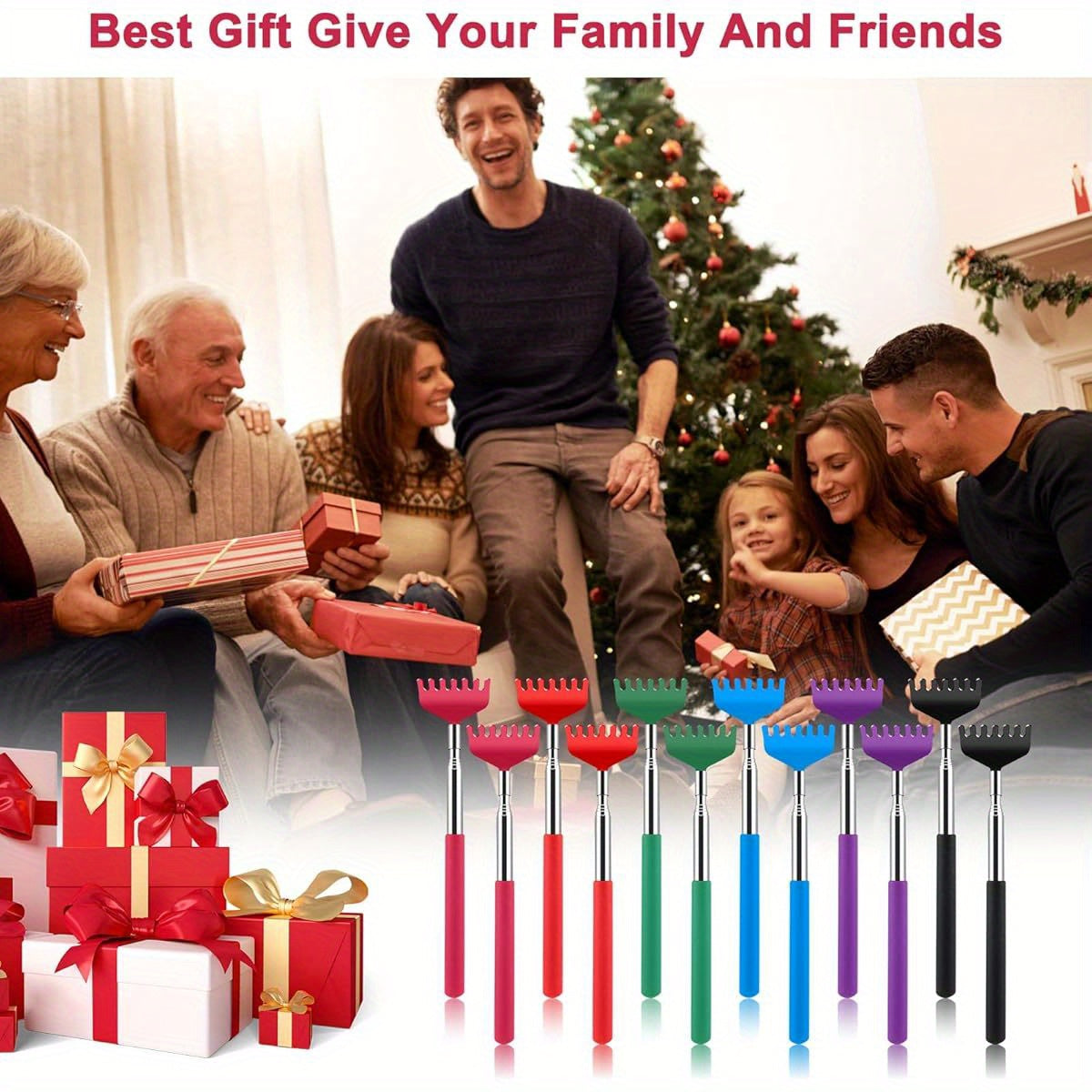 12 Pack Extendable Back Scratcher Bulk - Portable Metal Back Massager Tool with 6 Colorful Heads, Ergonomic Design for Adults, Women & Men - Ideal for Birthday, Festival, Party Gifts & Stocking Stuffers, Back Massager for Back, Novelty Gift Item, Playful