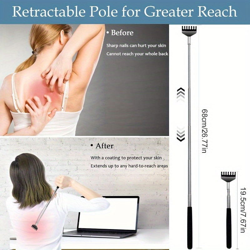 4pcs Extendable Metal Back Scratcher with Rubber Handles - Telescoping Back Massager for Men & Women, Portable Design for Home, Office, Travel - Ideal Stocking Stuffers & Gadgets, Back Massager for Back, Office Relaxation, Ergonomic Design, Durable