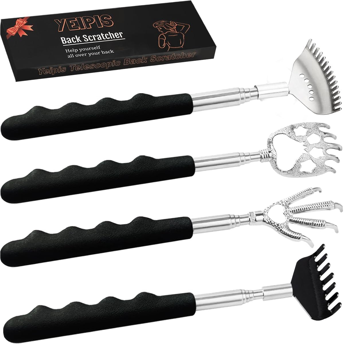 4pcs Extendable Back Scratcher & Massager Tool with Telescoping Metal shaft - Heavy-Duty Back Scratcher with Non-Slip Grip, Portable Back Massager for Adults, s, Men, Women - Ideal Stocking Stuffers, Birthday, Christmas Gifts (Black) - Space-Saving Design