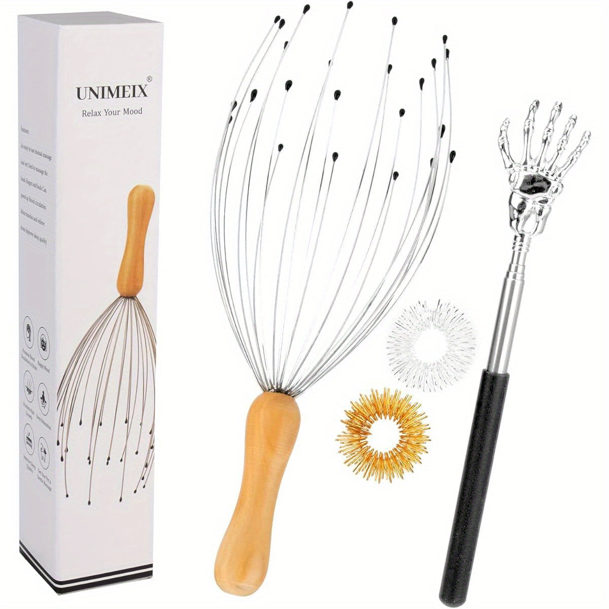 UNIMEIX 4 Pack Head Scratcher Scalp Massager with Finger Massager Rings and Extendable Back Scratcher, 24 Fingers Scalp Massagers Set for Deep Relaxation and Stress