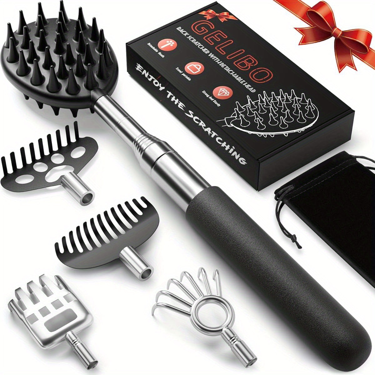 5pcs Telescoping Back Scratcher with Detachable Heads - Extendable Back Massager Tool for Deep-Seated Itches, 1/2" & 1/4" Spikes, Ergonomic Design for Gentle, Ideal her'S Day Gift for Dad, Husband, Men, Back Scratcher for Back, Comfortable Grip Handle,
