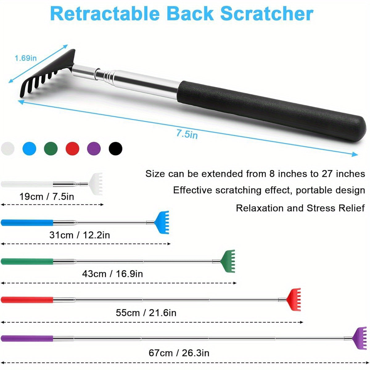 6-Pack Back Scratcher Massager with Extendable Handle - Heavy-Duty Scratcher & Massager Tool, Multi-Color (Green, White, Black, Red, Blue, Purple) - her'S Day, Christmas Gifts for Dad, Husband, Men & Women - Office, Home, Travel Use - Stocking Stuffers &