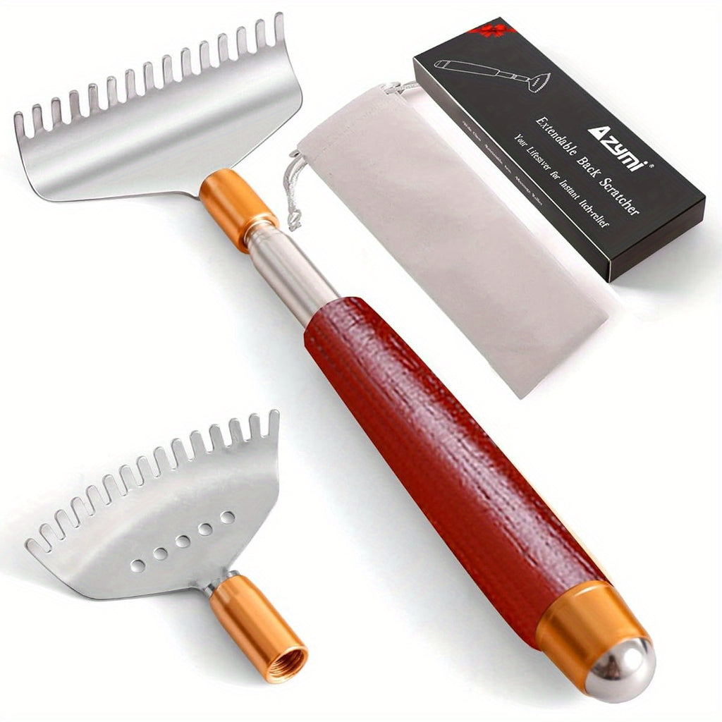 Back Scratcher with 2pcs Detachable Heads, Back Scratcher for Women Men Extendable, Steel Wide Claws/ Roller Ball/ Wooden Handle, Heavy Duty Body Scratcher Massager