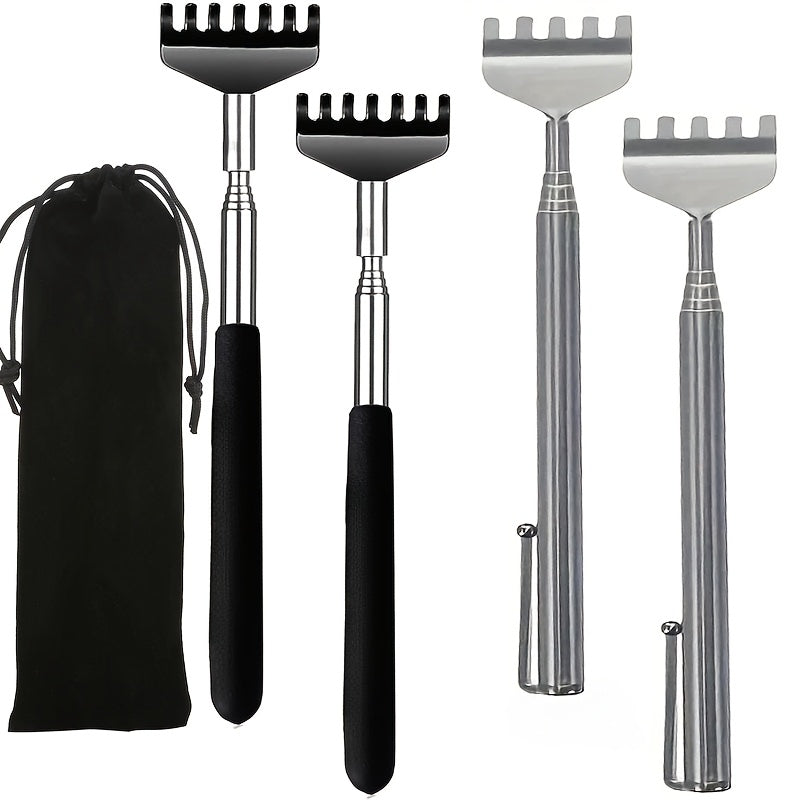 3/5pcs Set Extendable Metal Back Scratcher, Unisex Adult Telescopic Back Massager with Rubber Handle, Portable Itch Relief Tool for Travel, Work, Picnic, with Sock Liner Accessory