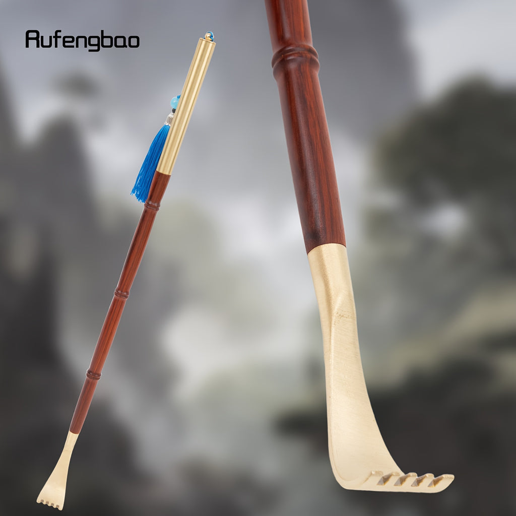 Rufengbao Wooden Itch Scratcher & Back Massager - Ergonomic Handle with Blue Ribbon, Smooth Curved Design for Hard-to-Reach Areas, Durable Red & Golden Finish for Personal Use Anywhere, Anytime, Itch Tool, Selfmassage Aid, Elegant Personal Care, Polished