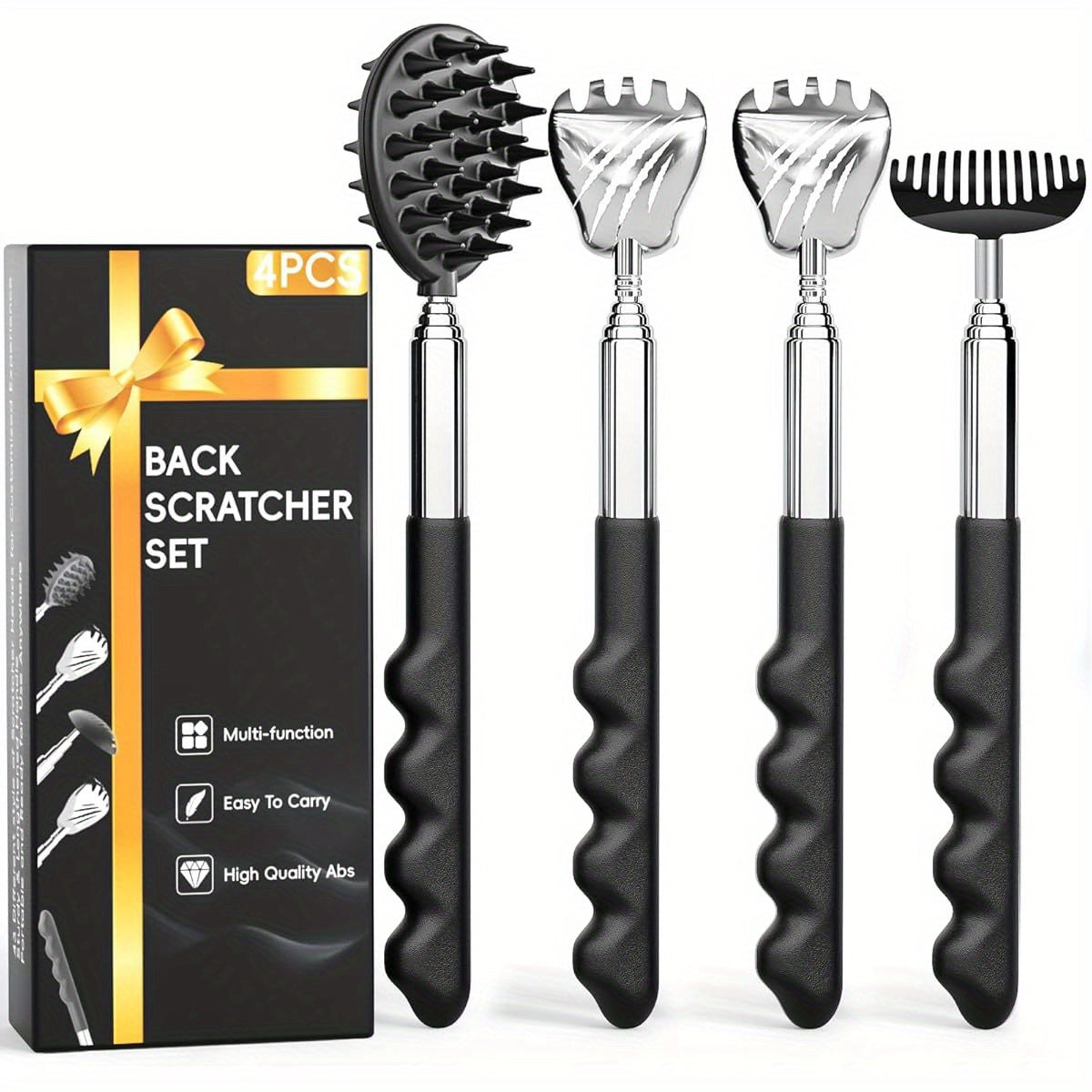 4 Pack Versatile Back Scratcher, hers Day Dad Gifts for Men, Portable Telescoping Backscratcher Massager Tool with Different Heads and Rubber Handle, Cool Items Tools Ideas Gadgets for Men, Back Scratcher Portable, Back Massager for Back, Back Scratcher