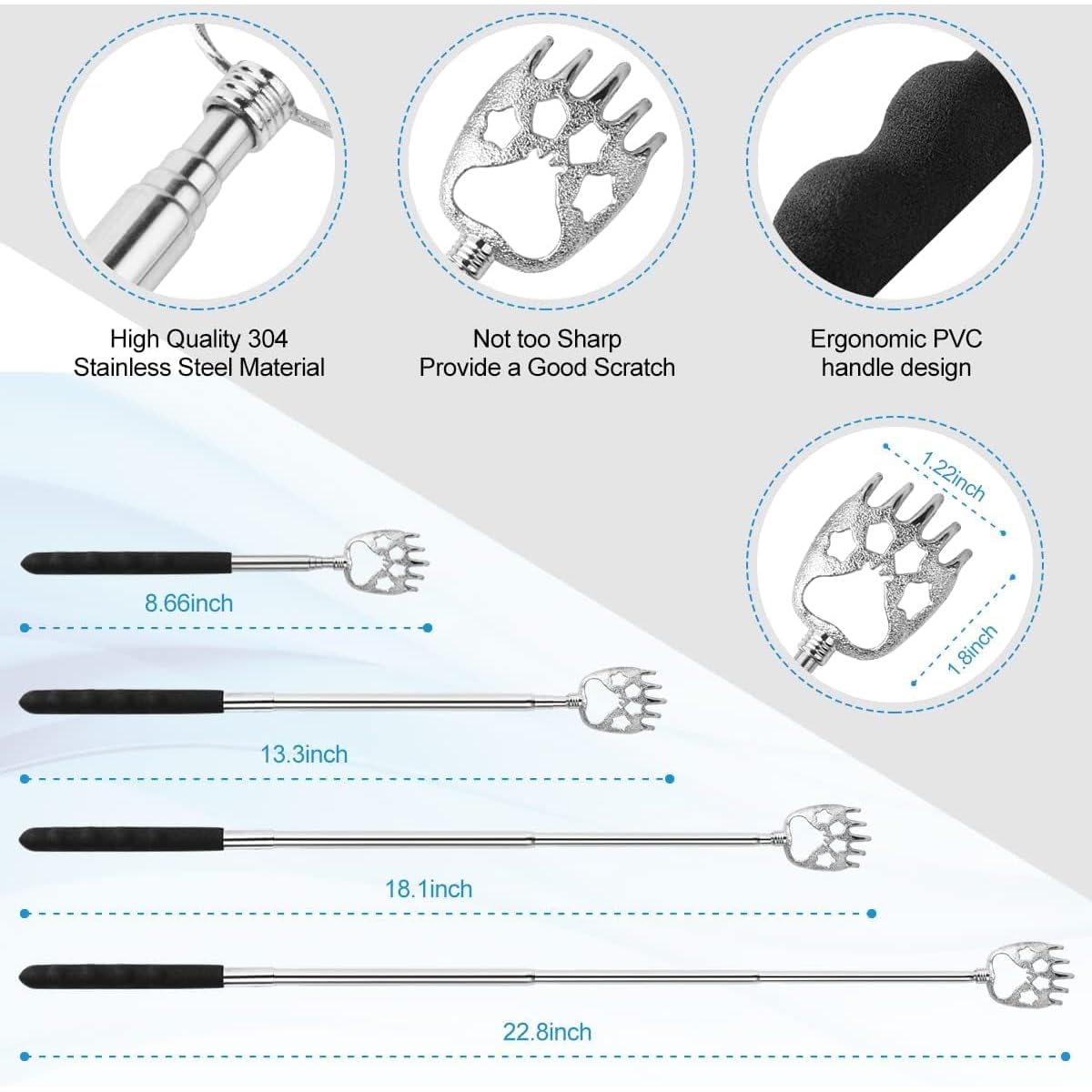 4pcs Extendable Back Scratcher & Massager Tool with Telescoping Metal shaft - Heavy-Duty Back Scratcher with Non-Slip Grip, Portable Back Massager for Adults, s, Men, Women - Ideal Stocking Stuffers, Birthday, Christmas Gifts (Black) - Space-Saving Design