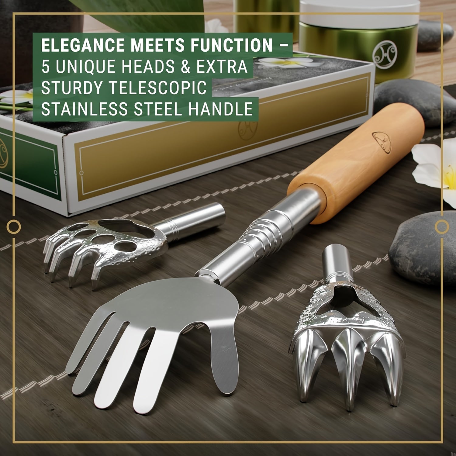 Extendable Back Scratcher with 5 Interchangeable Heads - Retractable Stainless Steel Telescopic Design, Ergonomic Handle & Bear Claw Grip - Portable Back Massager for Adults, Men & Women - Ideal Gift for Home, Office, Travel, Back Scratcher for Back, Home