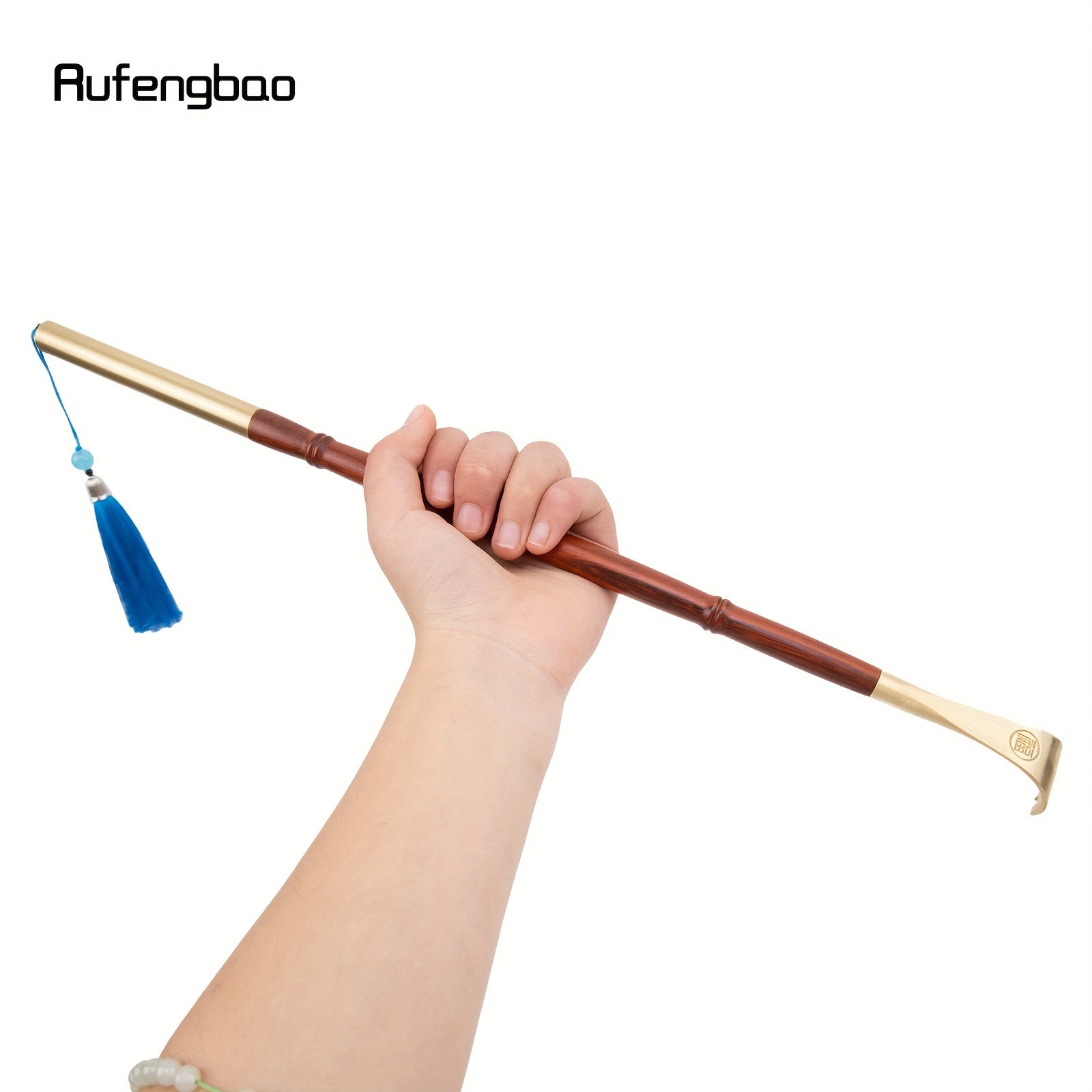 Rufengbao Wooden Itch Scratcher & Back Massager - Ergonomic Handle with Blue Ribbon, Smooth Curved Design for Hard-to-Reach Areas, Durable Red & Golden Finish for Personal Use Anywhere, Anytime, Itch Tool, Selfmassage Aid, Elegant Personal Care, Polished