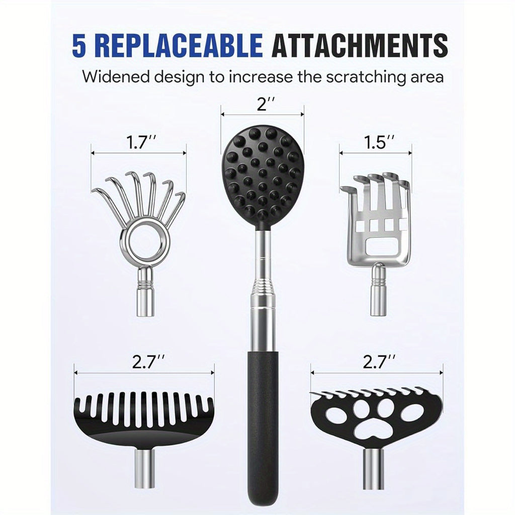 5pcs Telescoping Back Scratcher with Detachable Heads - Extendable Back Massager Tool for Deep-Seated Itches, 1/2" & 1/4" Spikes, Ergonomic Design for Gentle, Ideal her'S Day Gift for Dad, Husband, Men, Back Scratcher for Back, Comfortable Grip Handle,