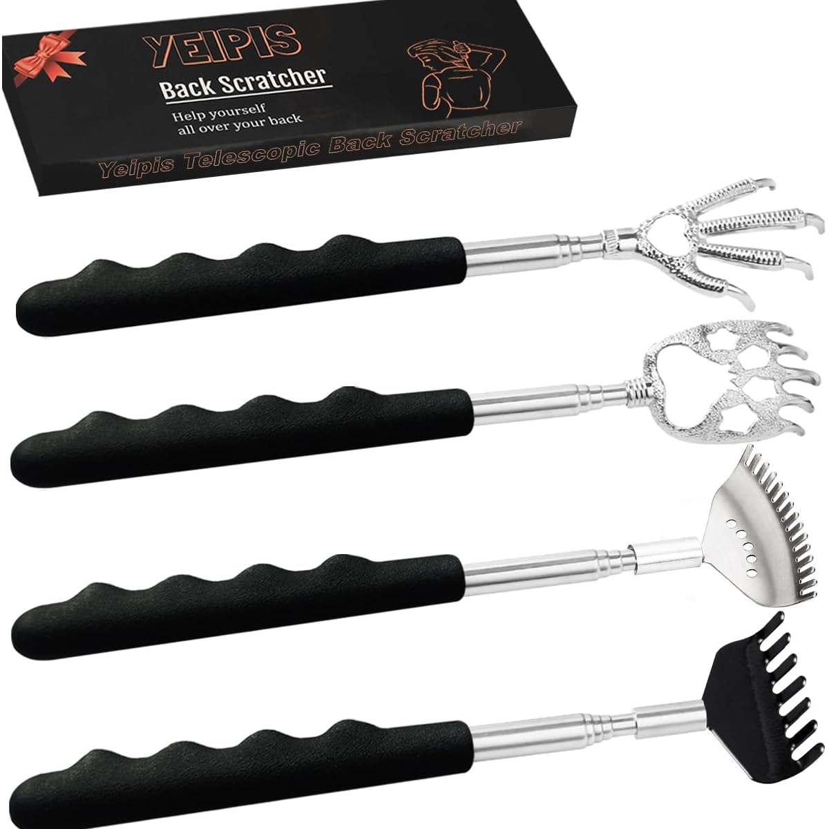 4pcs Extendable Back Scratcher & Massager Tool with Telescoping Metal shaft - Heavy-Duty Back Scratcher with Non-Slip Grip, Portable Back Massager for Adults, s, Men, Women - Ideal Stocking Stuffers, Birthday, Christmas Gifts (Black) - Space-Saving Design