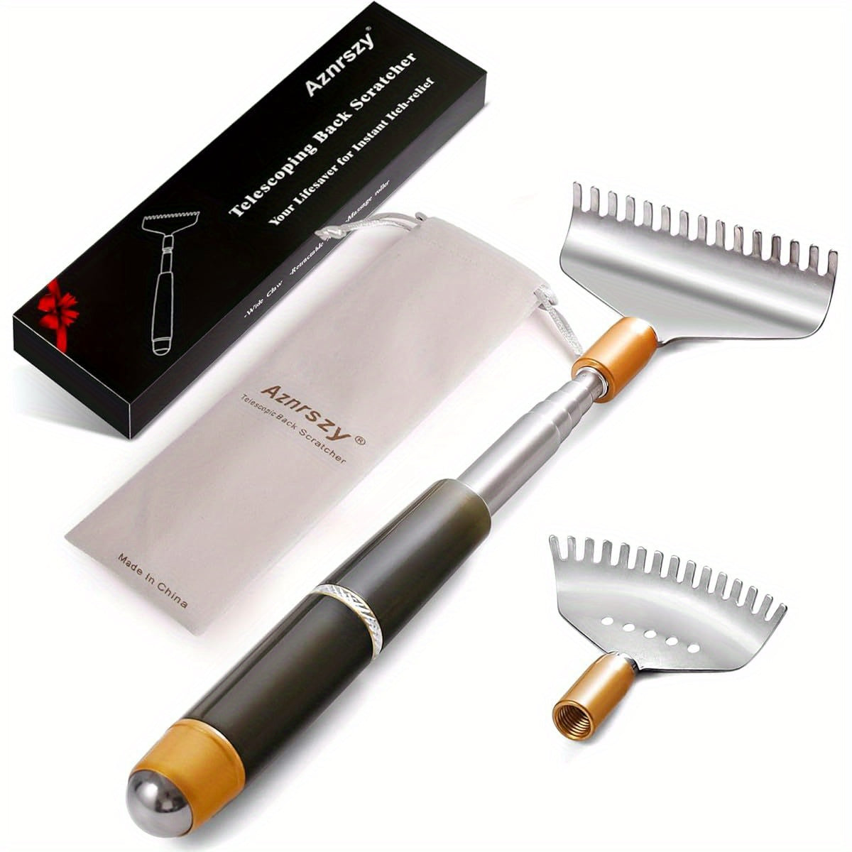Back Scratcher with 2pcs Replaceable Heads, Head Body Hand Scratcher Massager with Stainless Steel Wide Claws/ Anti- Slip Handle/ Massage Roller, Back Scratcher for Women, Back Massager for Back