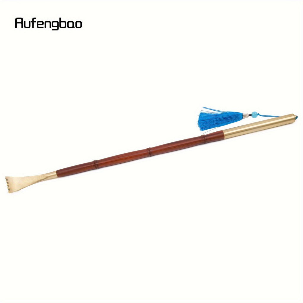 Rufengbao Wooden Itch Scratcher & Back Massager - Ergonomic Handle with Blue Ribbon, Smooth Curved Design for Hard-to-Reach Areas, Durable Red & Golden Finish for Personal Use Anywhere, Anytime, Itch Tool, Selfmassage Aid, Elegant Personal Care, Polished