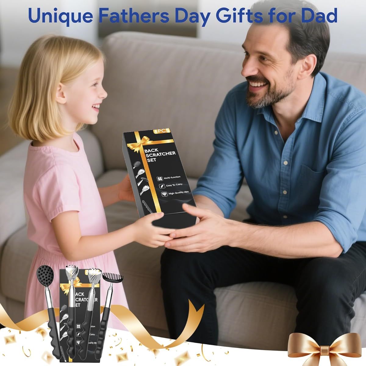 4 Pack Versatile Back Scratcher, Fathers Day Dad Gifts for Men, Portable Telescoping Backscratcher Massager Tool with Different Heads and Rubber Handle, Cool Items Tools Ideas Gadgets for Men