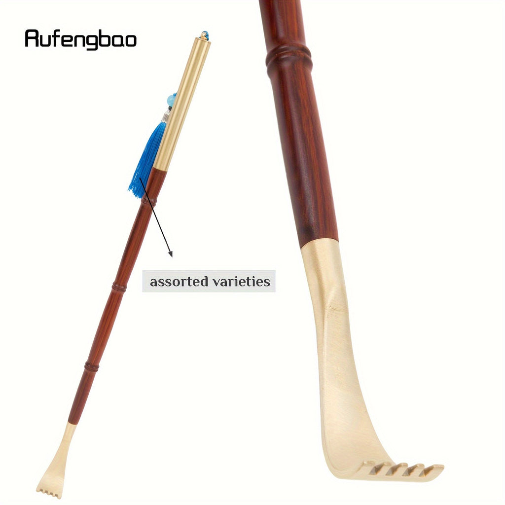 Rufengbao Wooden Itch Scratcher & Back Massager - Ergonomic Handle with Blue Ribbon, Smooth Curved Design for Hard-to-Reach Areas, Durable Red & Golden Finish for Personal Use Anywhere, Anytime, Itch Tool, Selfmassage Aid, Elegant Personal Care, Polished