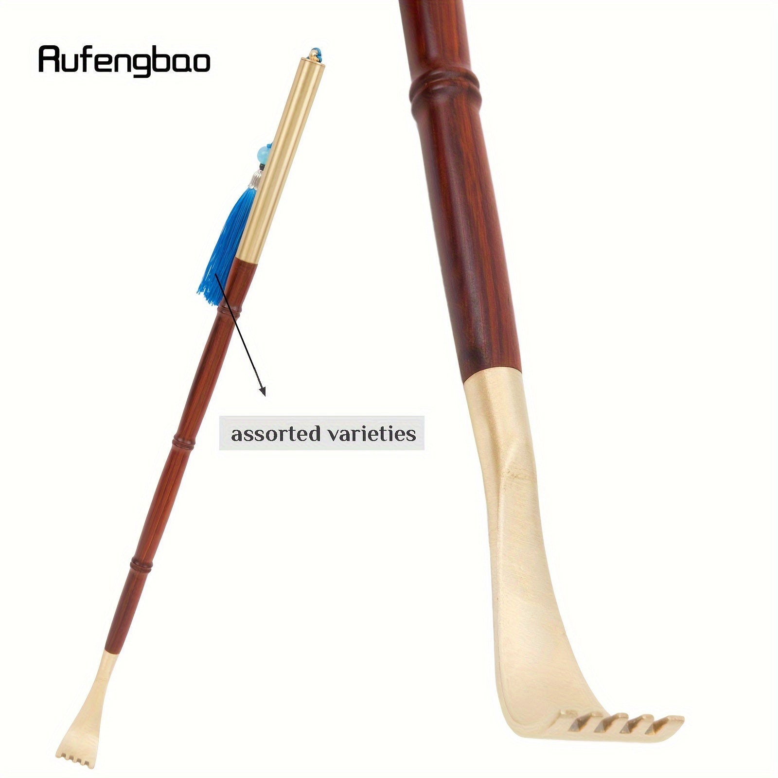 Rufengbao Wooden Itch Scratcher & Back Massager - Ergonomic Handle with Blue Ribbon, Smooth Curved Design for Hard-to-Reach Areas, Durable Red & Golden Finish for Personal Use Anywhere, Anytime, Itch Tool, Selfmassage Aid, Elegant Personal Care, Polished