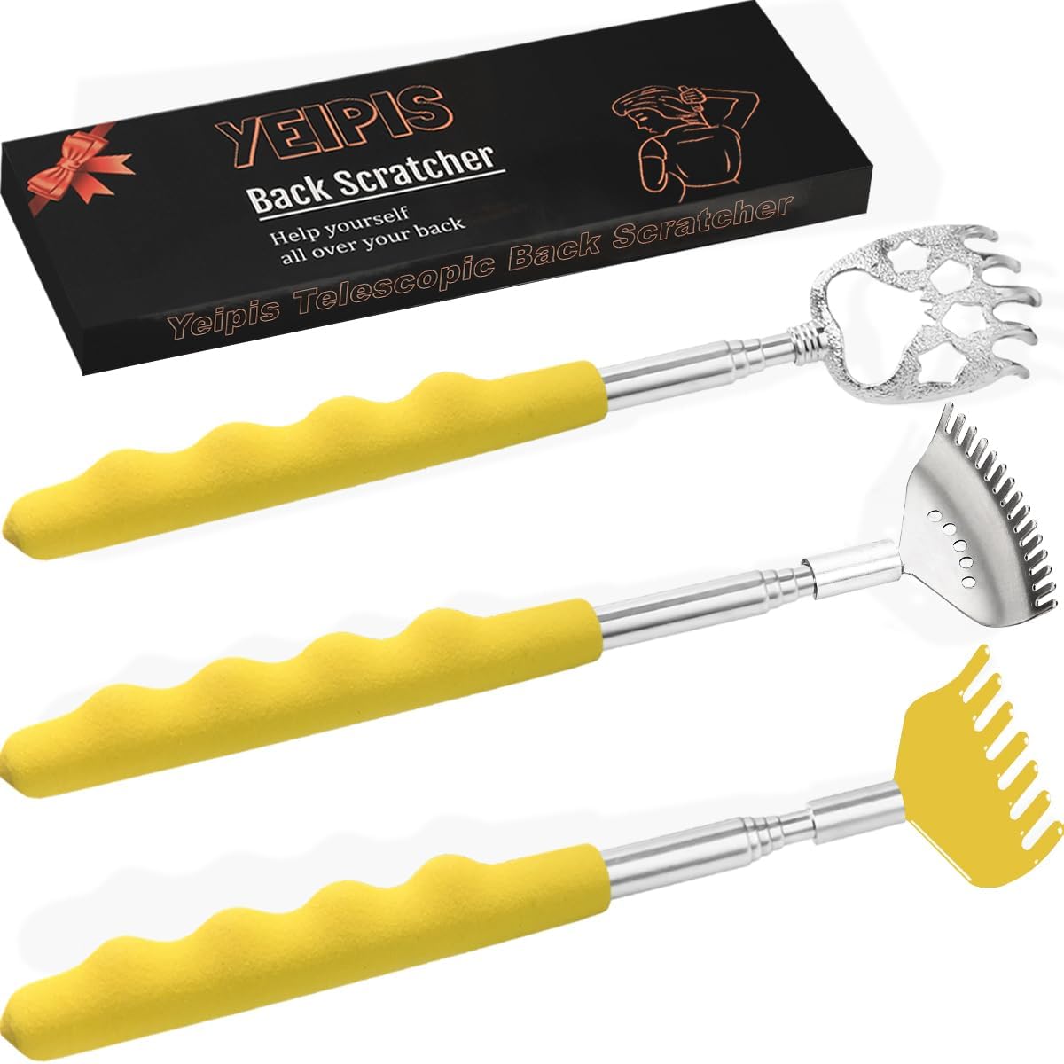 3 Pack Different Back Scratcher, Extendable Manual Back Massager Tool Metal Portable Telescoping Back scratchers with Beautiful Box Gifts for Men Women Kids Adults( Yellow), Back Scratching Tool, Unbreakable Back Scratcher, Comb for Back Scratching, Silly