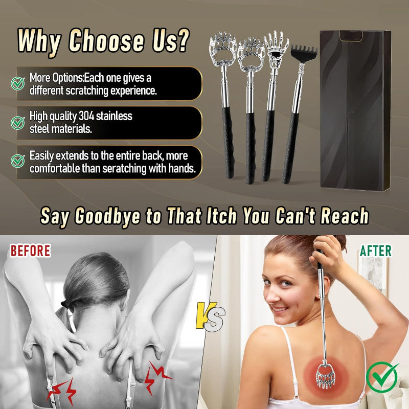 [Retractable Back Scratcher] 4pcs Retractable Back Scratcher for Men and Women | Mixed Set of Adult Back Massage Tool with Rubber Handle - Birthday Gift for Parents and Teenagers with Beautiful Box