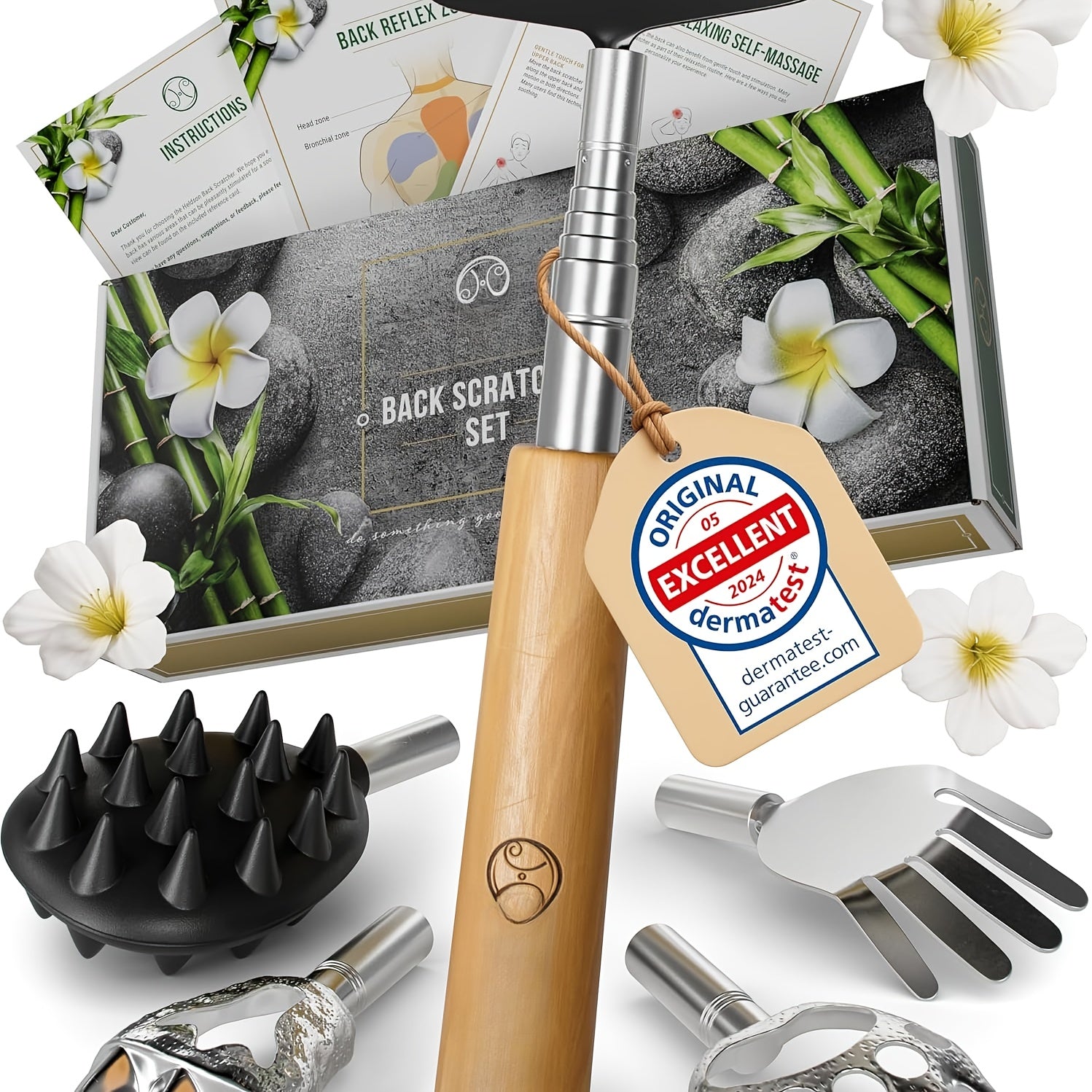 Extendable Back Scratcher with 5 Interchangeable Heads - Retractable Stainless Steel Telescopic Design, Ergonomic Handle & Bear Claw Grip - Portable Back Massager for Adults, Men & Women - Ideal Gift for Home, Office, Travel, Back Scratcher for Back, Home