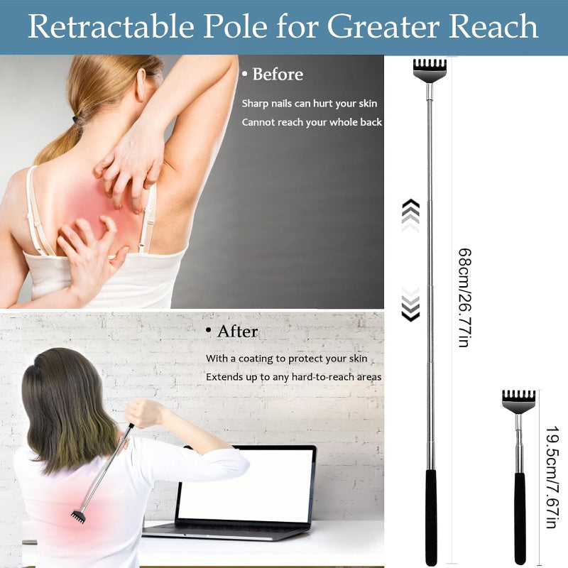 3/5pcs Set Extendable Metal Back Scratcher, Unisex Adult Telescopic Back Massager with Rubber Handle, Portable Itch Relief Tool for Travel, Work, Picnic, with Sock Liner Accessory