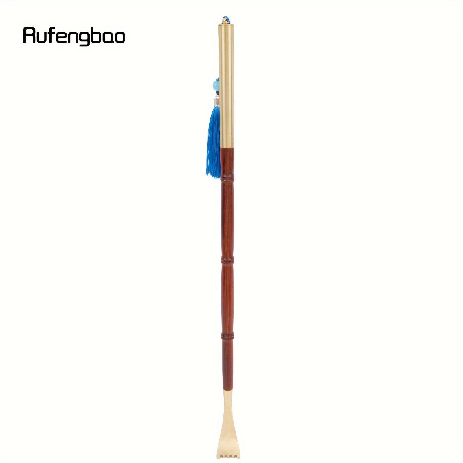 Rufengbao Wooden Itch Scratcher & Back Massager - Ergonomic Handle with Blue Ribbon, Smooth Curved Design for Hard-to-Reach Areas, Durable Red & Golden Finish for Personal Use Anywhere, Anytime, Itch Tool, Selfmassage Aid, Elegant Personal Care, Polished