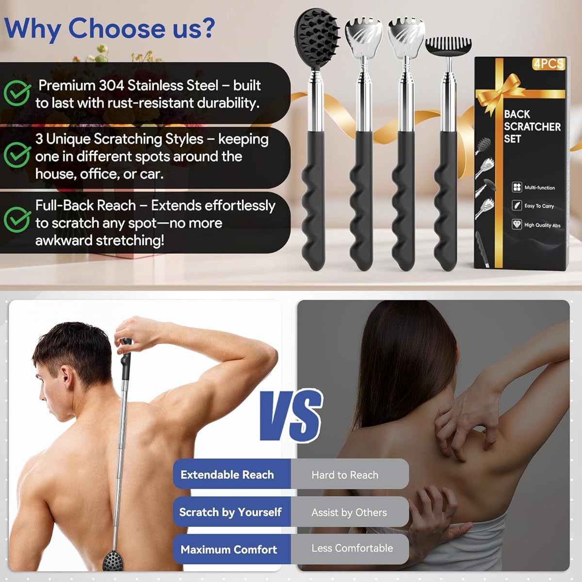 4 Pack Versatile Back Scratcher, hers Day Dad Gifts for Men, Portable Telescoping Backscratcher Massager Tool with Different Heads and Rubber Handle, Cool Items Tools Ideas Gadgets for Men, Back Scratcher Portable, Back Massager for Back, Back Scratcher