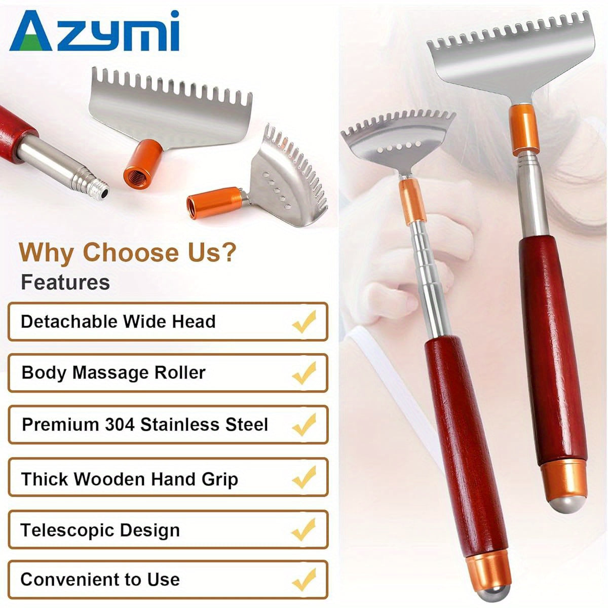 Back Scratcher with 2pcs Detachable Heads, Back Scratcher for Women Men Extendable, Steel Wide Claws/ Roller Ball/ Wooden Handle, Heavy Duty Body Scratcher Massager
