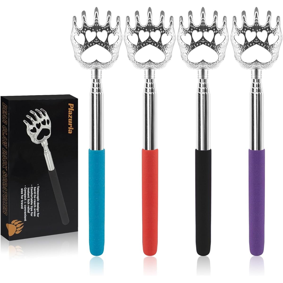 (4-Pack) Portable Extendable Telescopic Bear Claws Metal Back Scratchers/Hand Massager/Backslap with Rubber Handles, Personal Care, Portable Accessory, Telescopic Design, Durable Construction, Lightweight Tool, Scratch Aid, Selfcare Gadget, Gift Idea, Pet